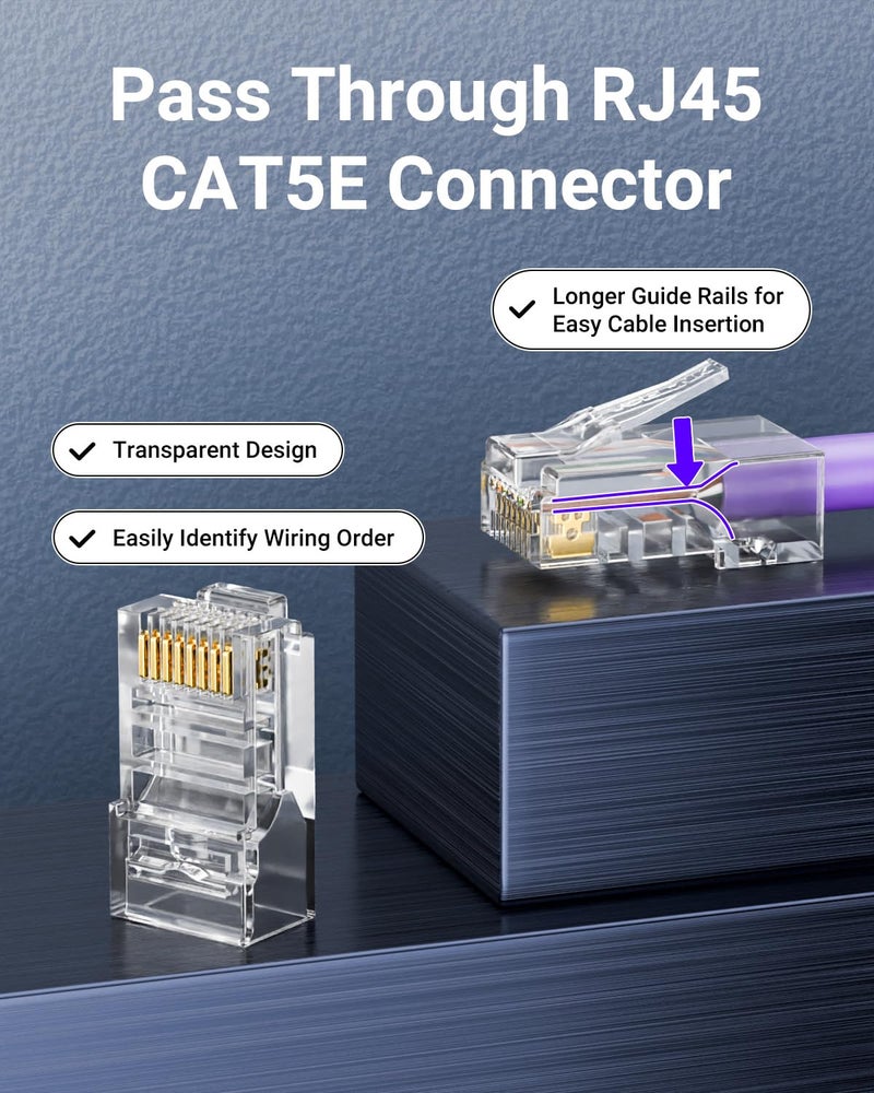 VCELINK Cat5e Connectors RJ45 Pass Through 100-Pack with Longer Guide Rails for Easy Cable Insertion, Cat 5 connectors, EZ Cat 5e Ends rj45 Modular Plugs for Solid or Stranded UTP Network Cable - Image 2